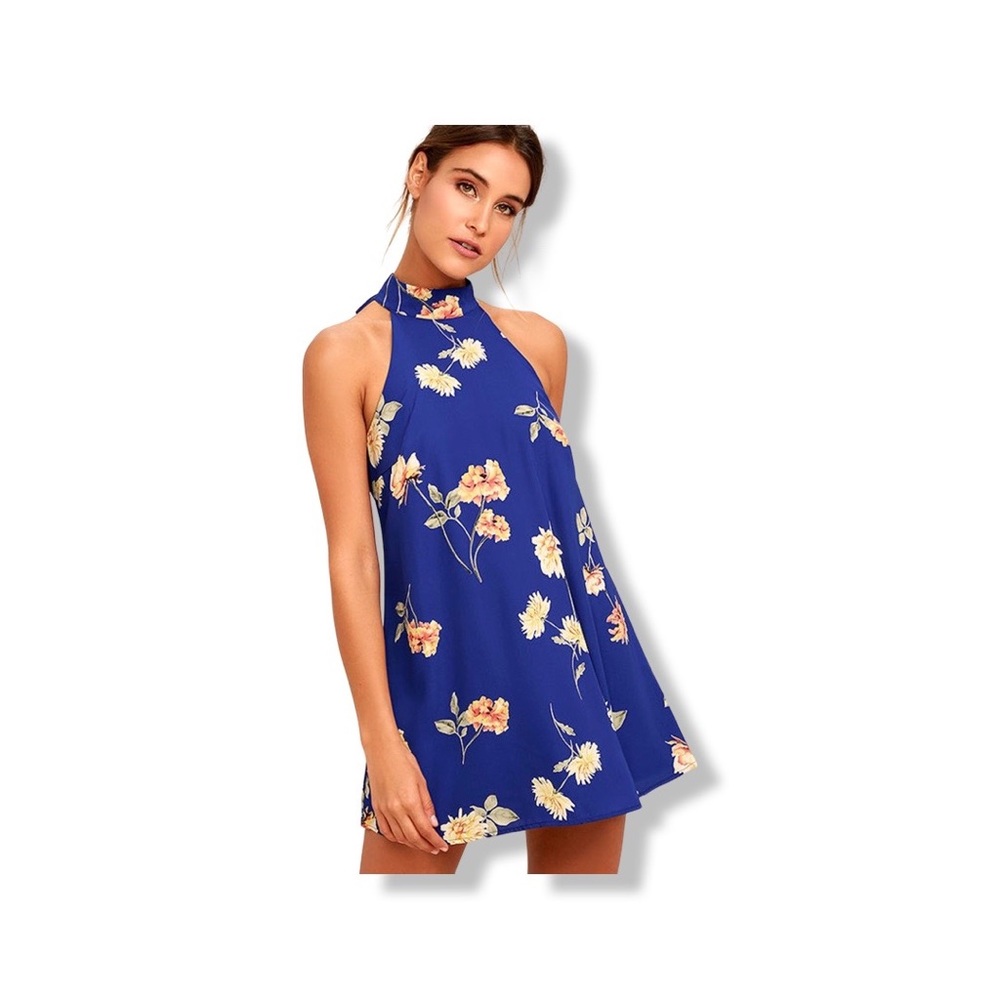 Lulus Darling Dearest Royal Blue Floral Print Swing Dress Halter XS